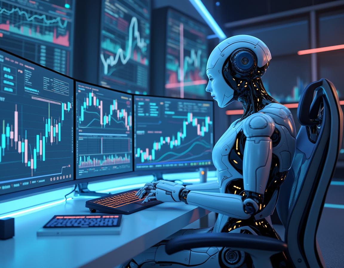 A hyper-realistic AI trading bot in a futuristic setting analyzing market data on multiple screens.