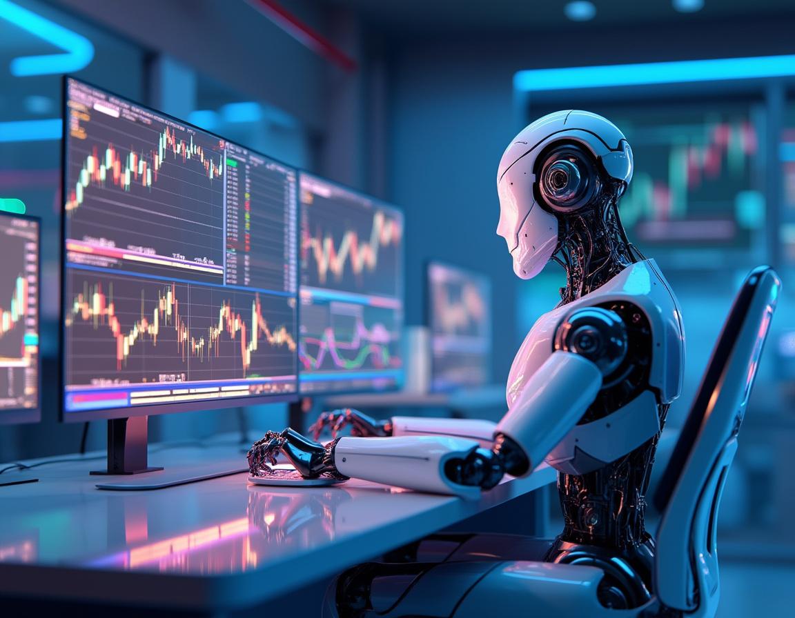 A hyper-realistic AI trading bot at a workstation analyzes market data across multiple screens.