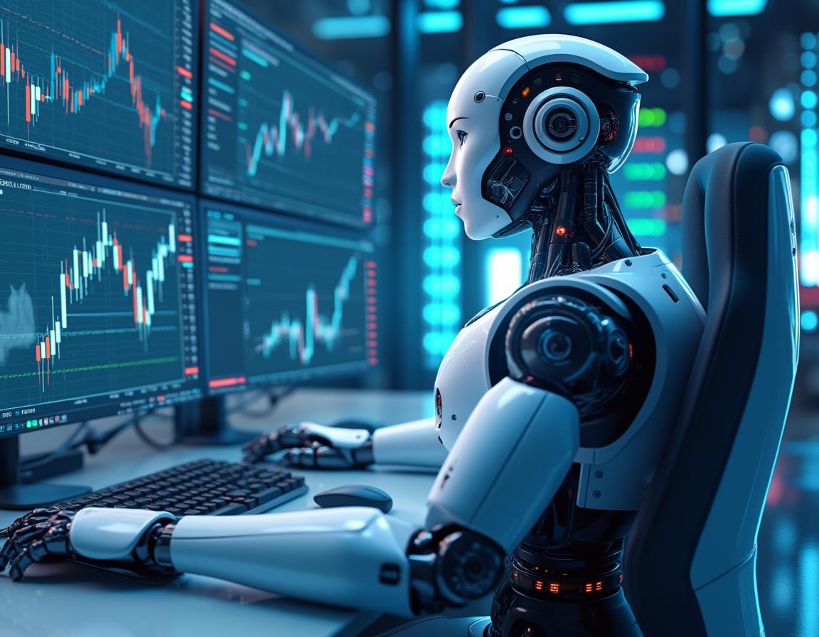 A hyper-realistic AI trading bot in a futuristic environment, analyzing data on multiple screens.