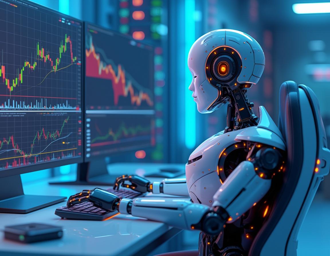 A hyper-realistic AI trading bot analyzes market data on multiple screens in a futuristic workspace.