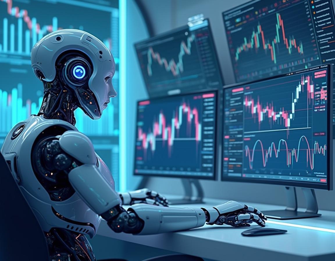 A hyper-realistic AI trading bot at a high-tech workstation analyzing market data across multiple screens.