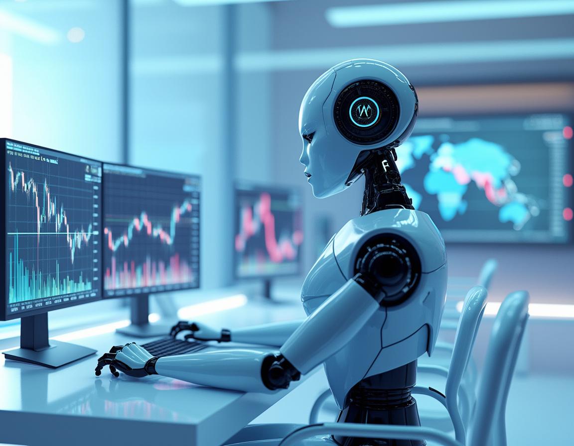 A hyper-realistic AI trading bot at a workstation, analyzing market data on multiple screens.