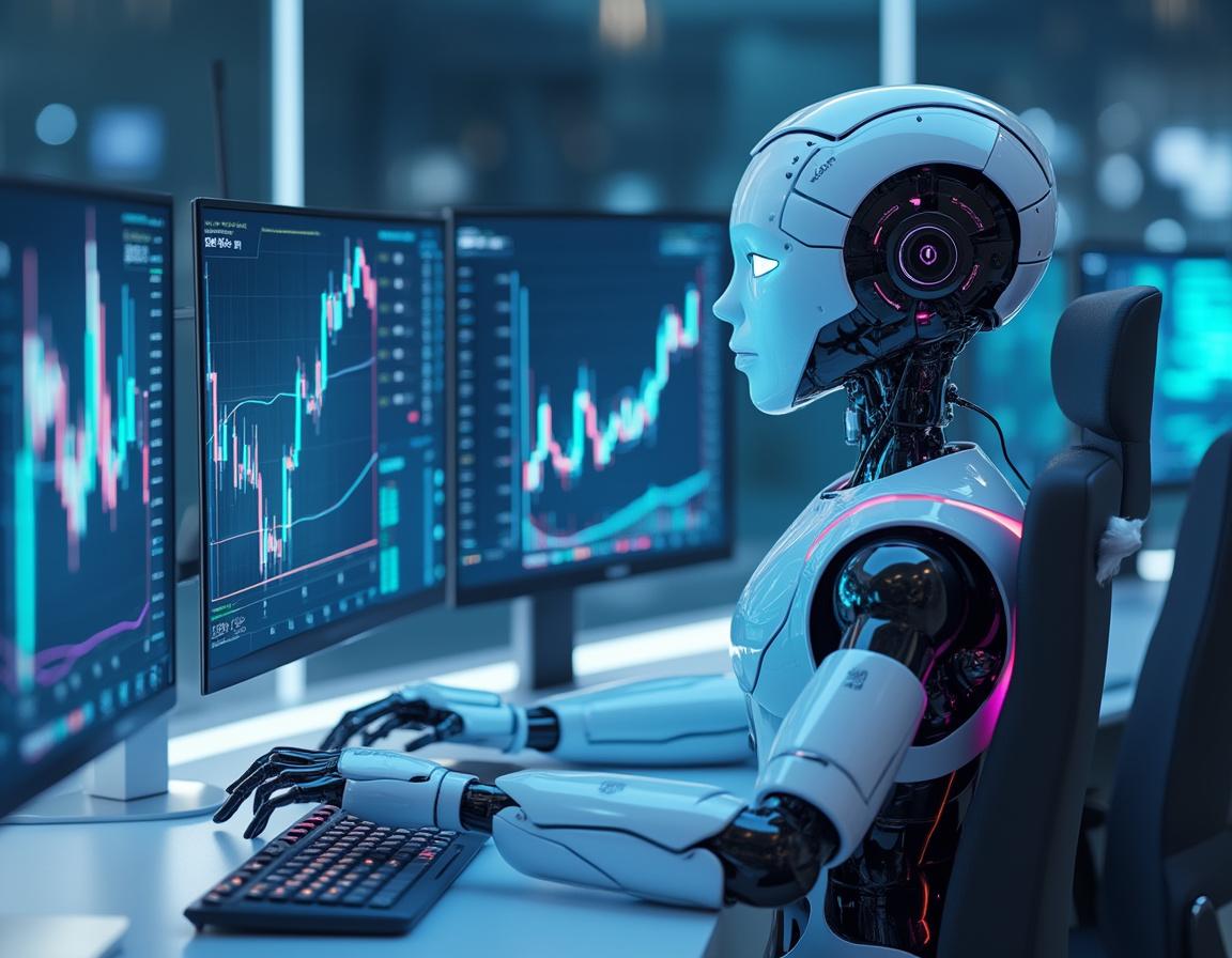 A hyper-realistic AI trading bot at a workstation, analyzing crypto market data on multiple screens.