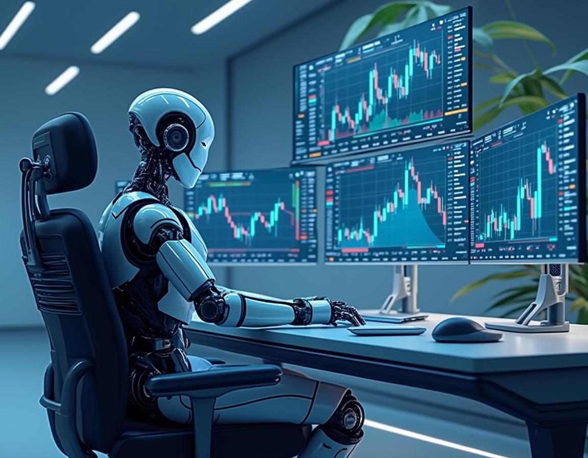 A hyper-realistic AI trading bot sits at a workstation, analyzing market data on multiple screens.