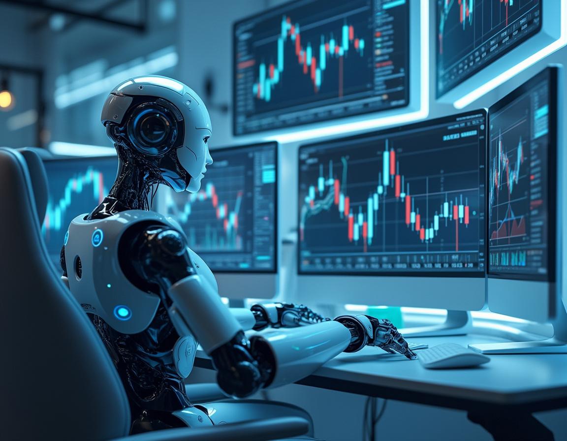 A hyper-realistic AI trading bot at a workstation, analyzing market data across multiple screens.