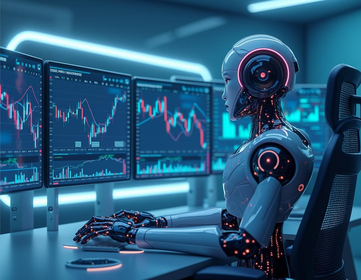 A humanoid AI trading bot seated at a workstation, analyzing crypto market data on multiple screens.