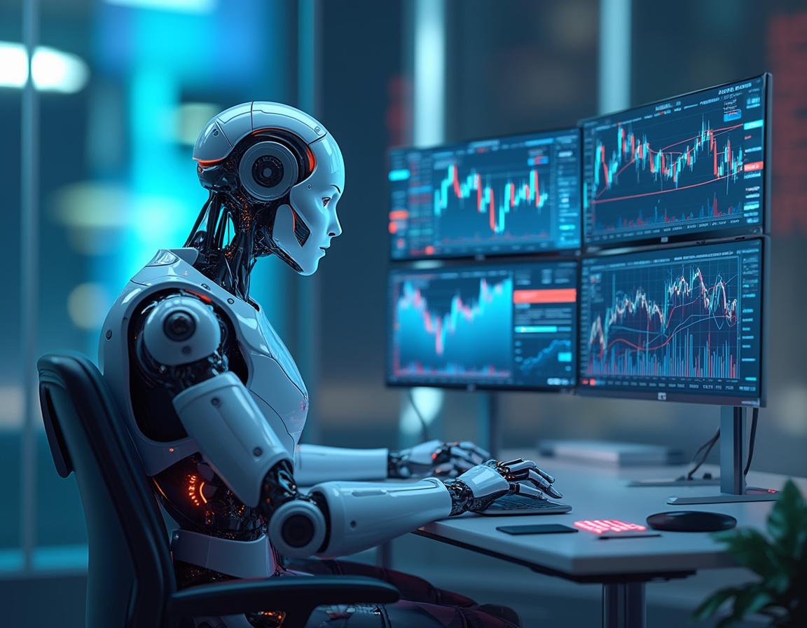 A humanoid AI trading bot analyzes market data at a high-tech workstation, with multiple screens.