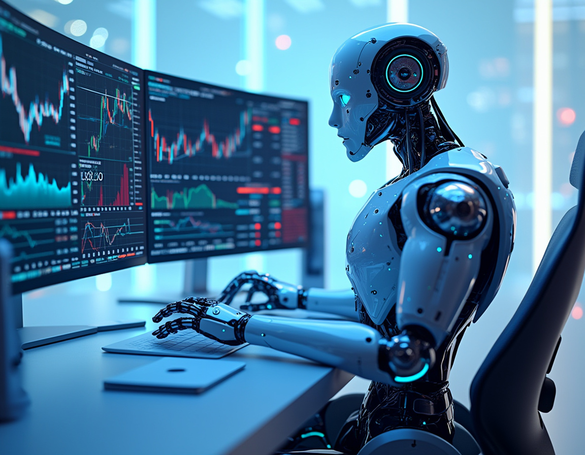A humanoid AI trading bot at a high-tech workstation analyzes market data across multiple screens.