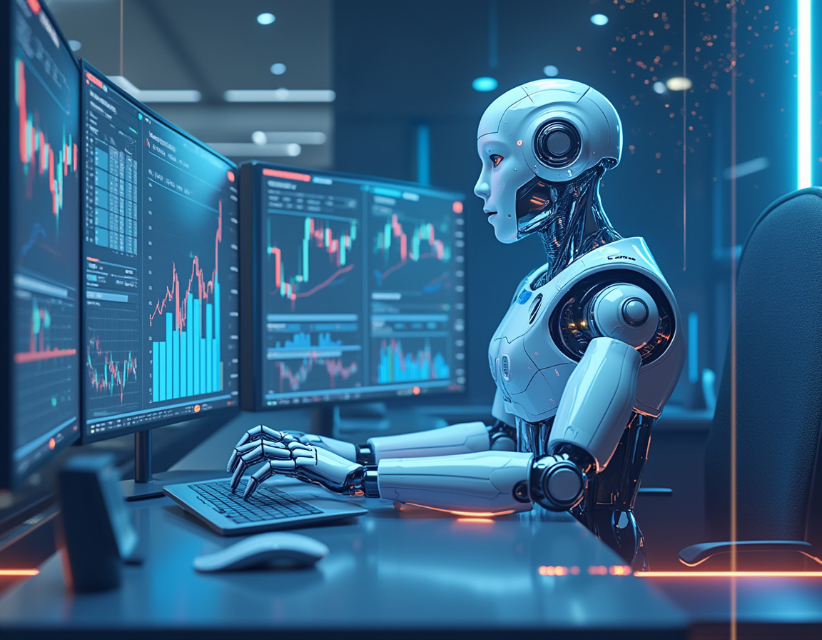A humanoid AI trading bot analyzes market data at a high-tech workstation with multiple screens.