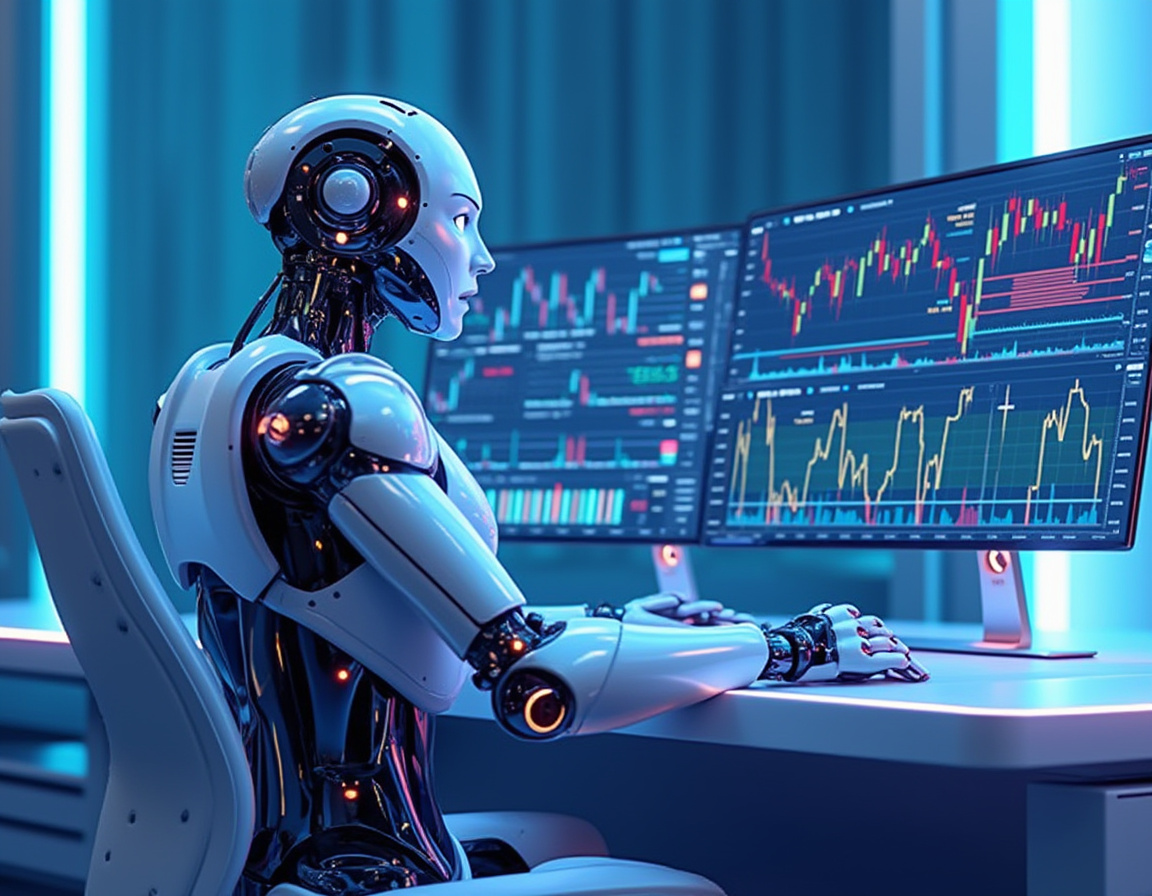 A humanoid AI trading bot at a high-tech workstation analyzes market data on multiple screens.