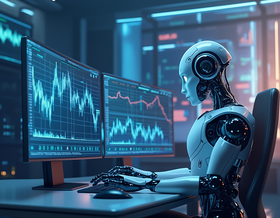 A hyper-realistic AI trading bot analyzes market data in a futuristic financial trading environment.