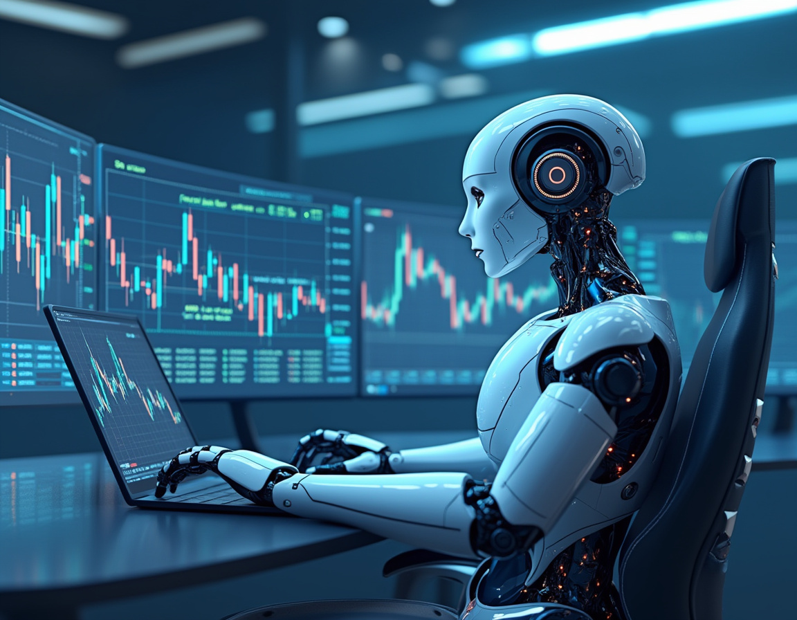 A humanoid AI trading bot analyzes market data at a high-tech workstation, surrounded by screens.