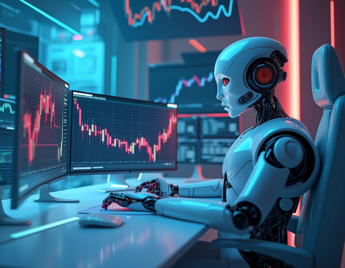 A humanoid AI trading bot at a futuristic workstation analyzes data on screens with soft lighting.