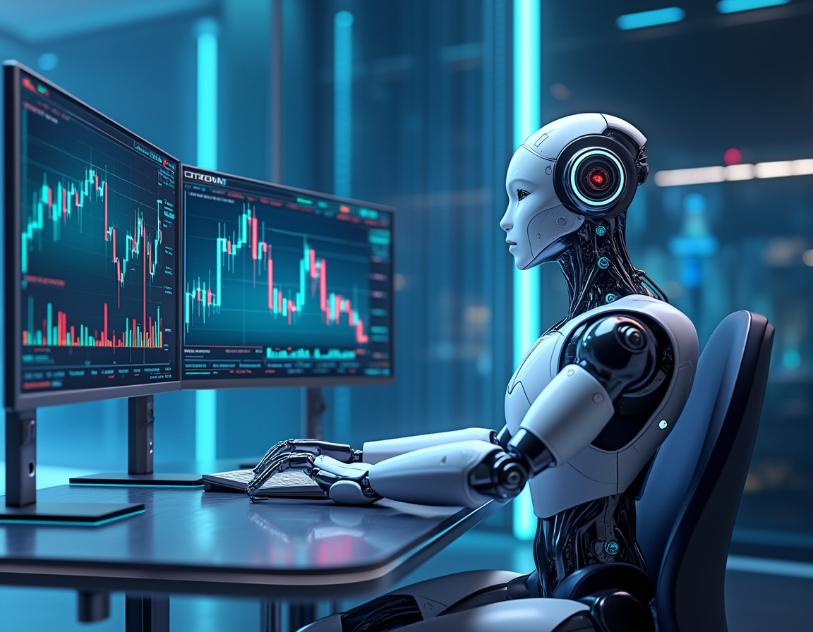 A hyper-realistic AI trading bot analyzes market data in a futuristic financial trading environment.