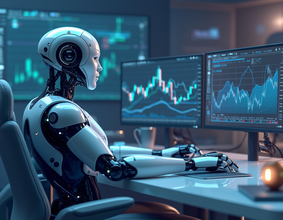A humanoid AI trading bot at a high-tech workstation analyzing market data on multiple screens.