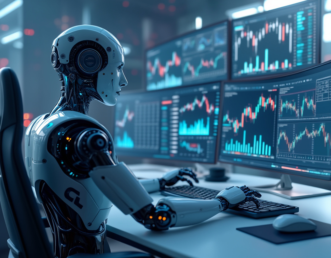 A sleek humanoid AI trading bot analyzes crypto data on multiple screens in a futuristic workspace.