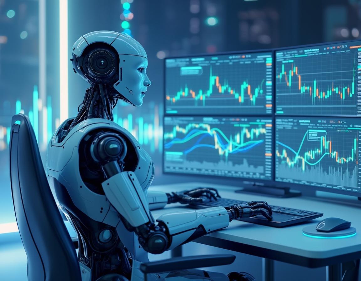 A humanoid AI trading bot analyzes data on multiple screens in a futuristic financial environment.