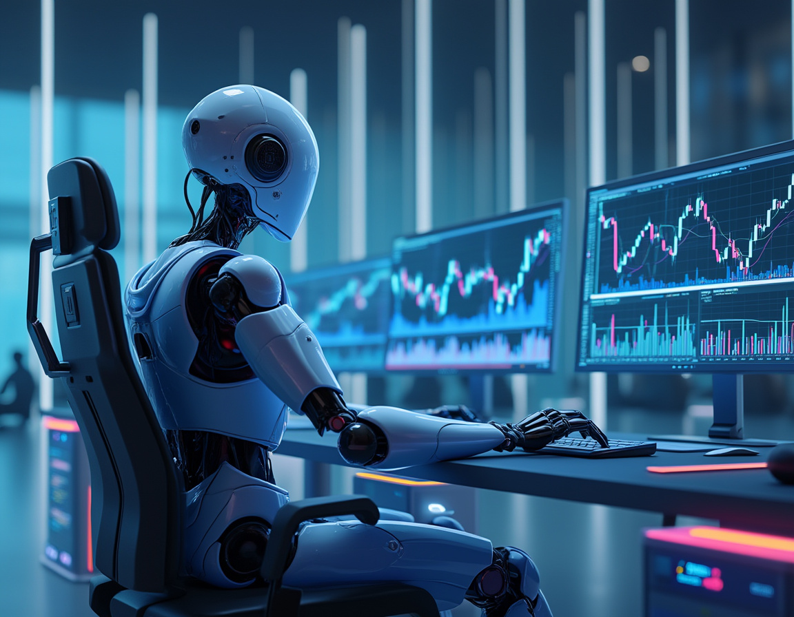 A humanoid AI trading bot at a high-tech workstation analyzes market data with multiple screens.