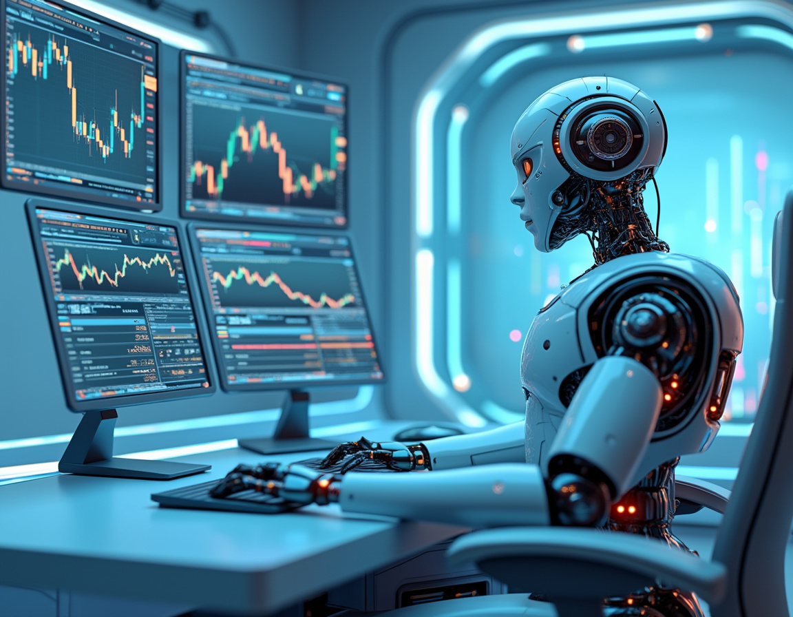 A humanoid AI trading bot at a high-tech workstation analyzing market data with multiple screens.