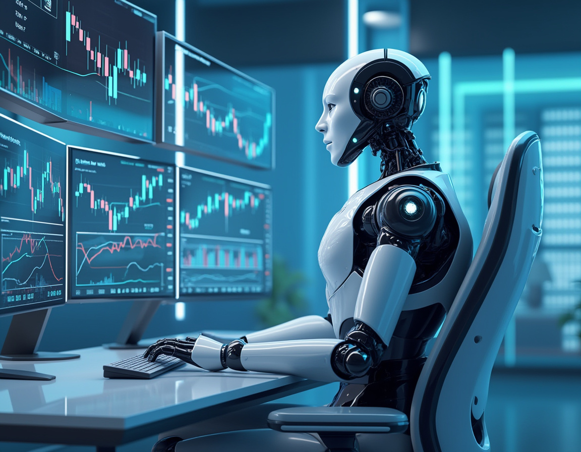 A humanoid AI trading bot analyzes market data at a futuristic workstation with multiple screens.