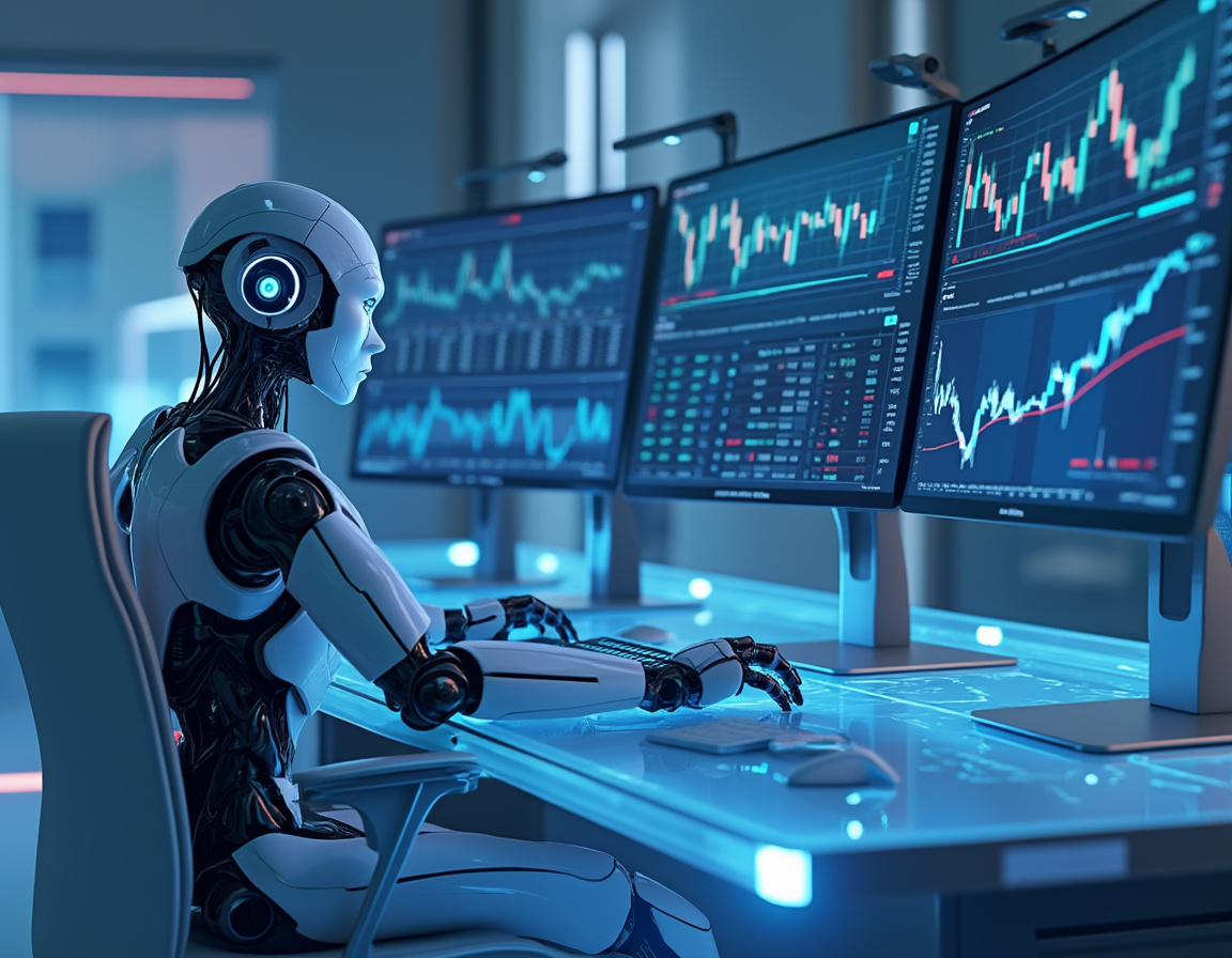 A hyper-realistic AI trading bot analyzes market data on multiple screens in a futuristic setting.
