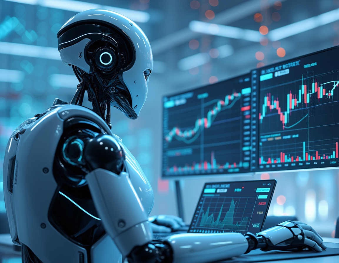 A humanoid AI trading bot at a high-tech workstation analyzing data across multiple market screens.