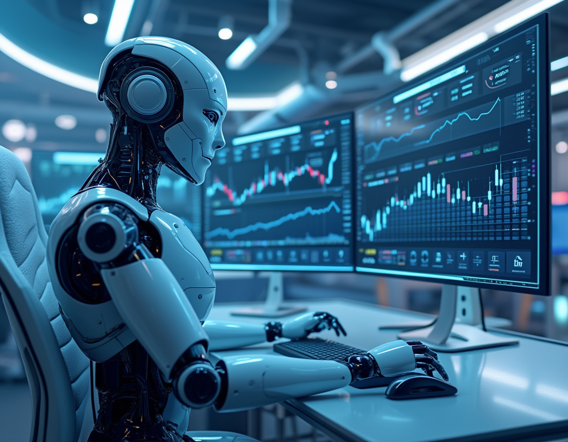 A hyper-realistic AI trading bot seated at a workstation analyzing stock and crypto market data.
