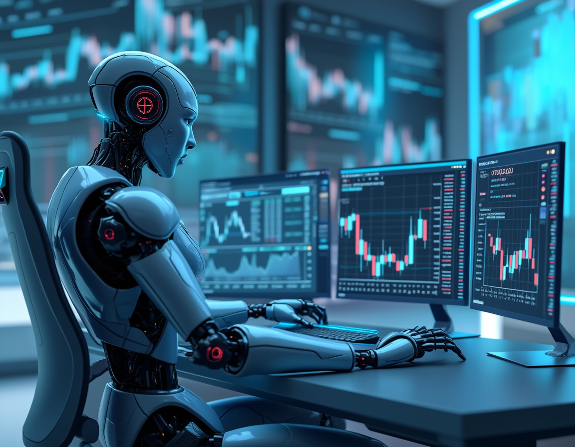 A hyper-realistic AI trading bot at a workstation, analyzing market data on multiple screens.