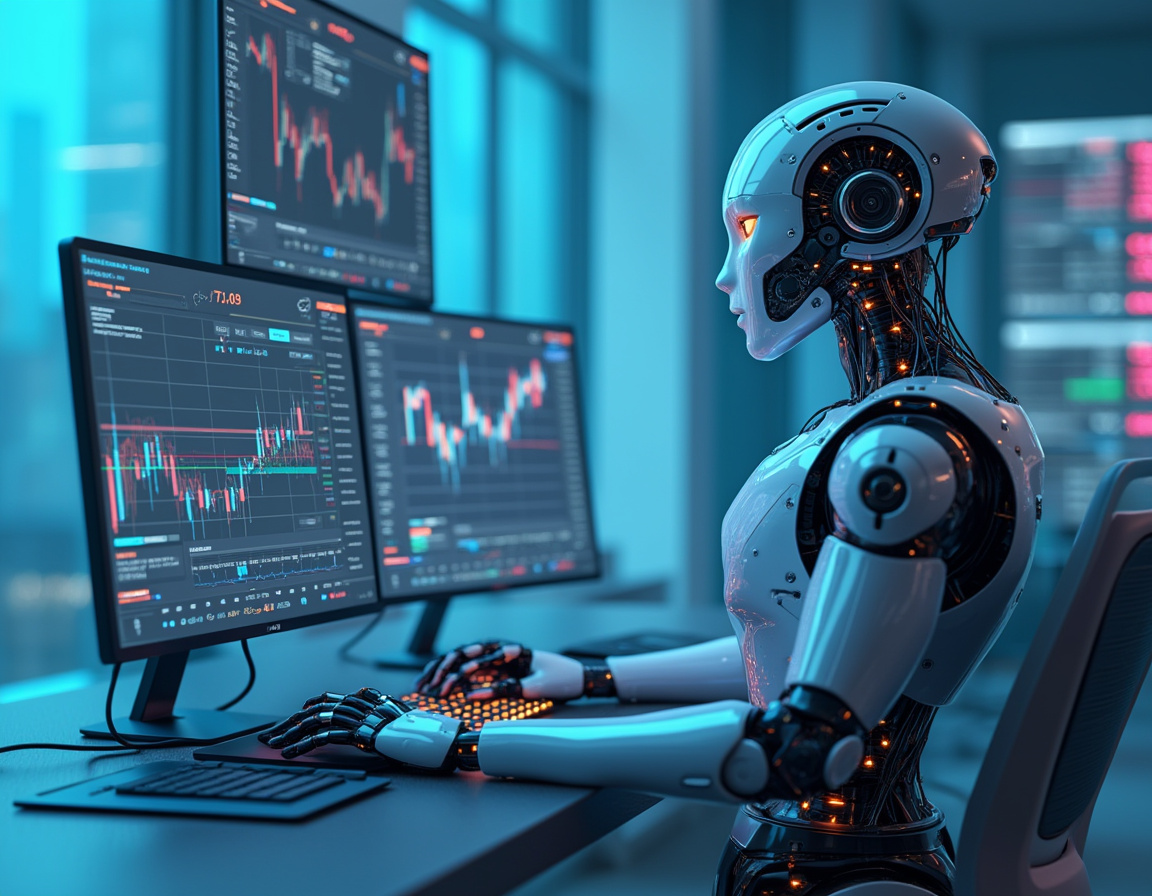 A humanoid AI trading bot analyzes market data at a high-tech workstation with multiple screens.