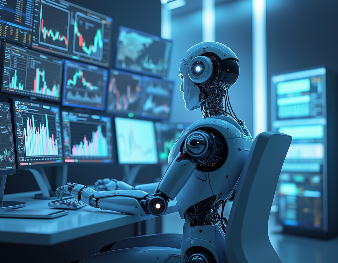 A humanoid AI trading bot analyzes market data at a high-tech workstation in a futuristic setting.