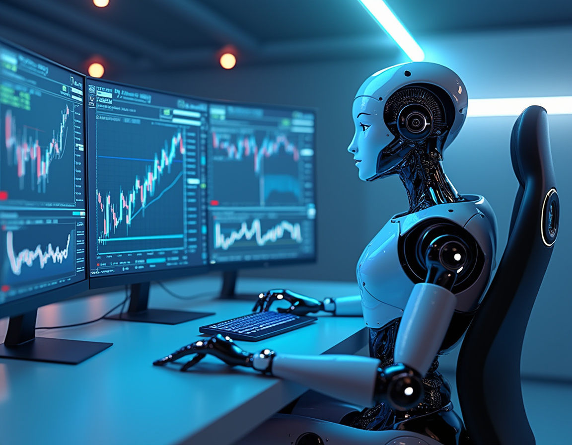 A hyper-realistic AI trading bot in a futuristic setting analyzing stock and crypto market data.