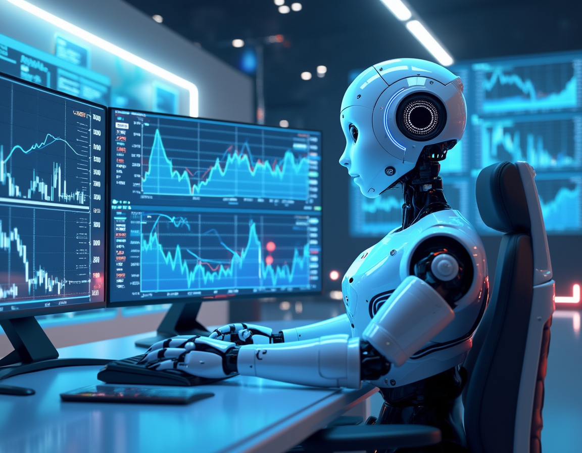A hyper-realistic AI trading bot at a workstation, analyzing market data on multiple screens.