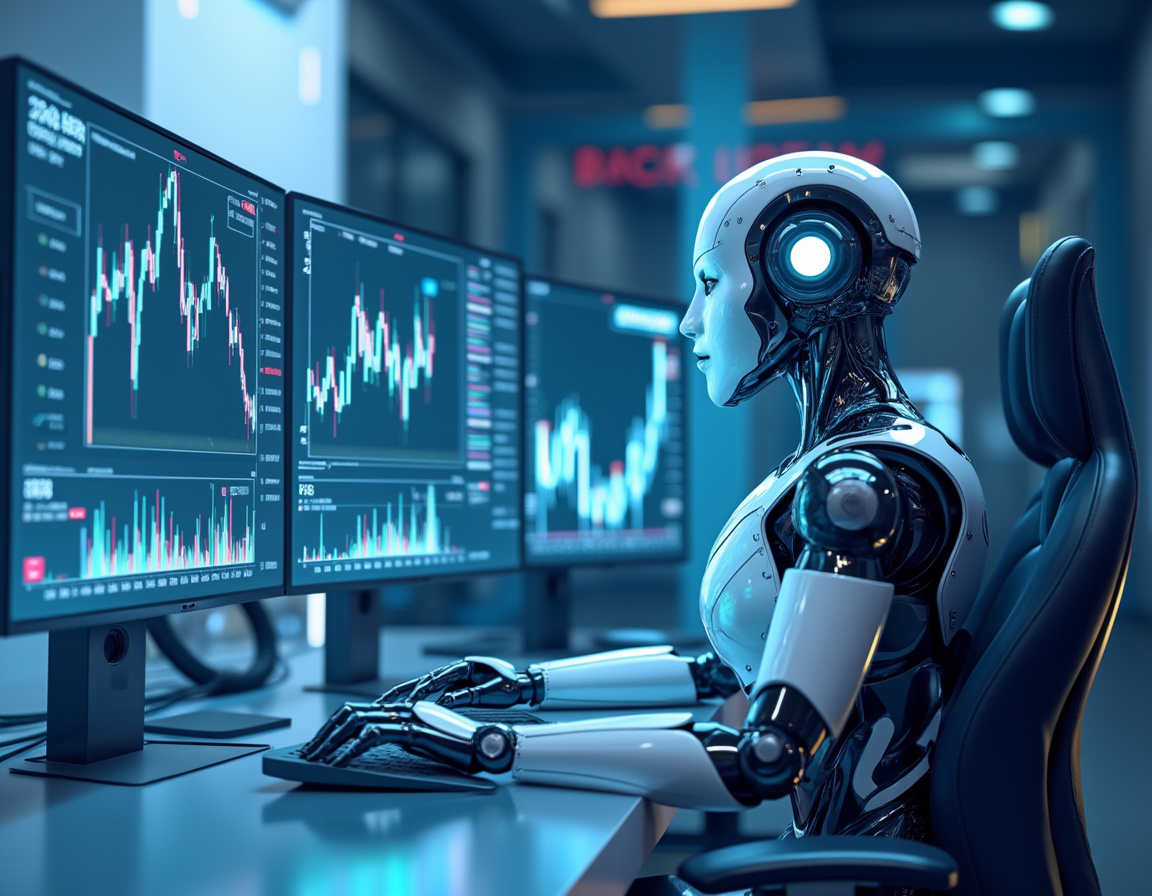 A humanoid AI trading bot analyzes market data at a high-tech workstation with multiple screens.