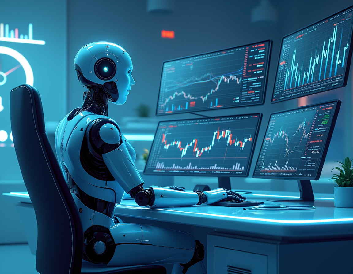 A sleek humanoid AI trading bot at a workstation analyzing stock and crypto data with soft lighting.