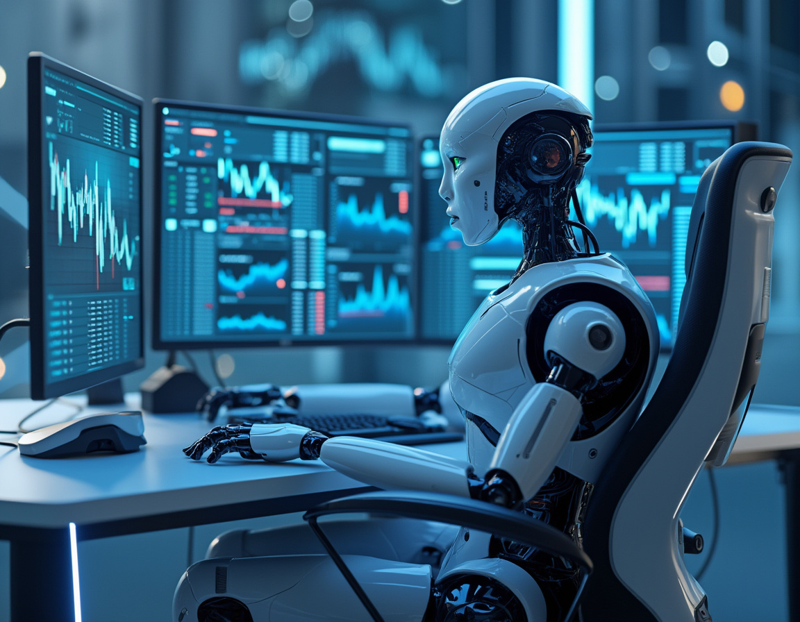 A sleek humanoid AI trading bot at a high-tech workstation analyzing stock and crypto market data.