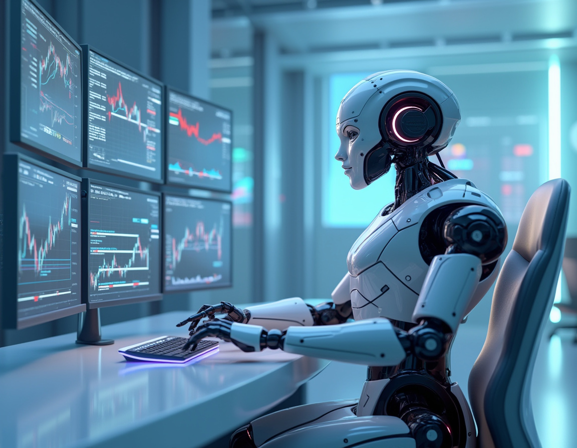 A humanoid AI trading bot analyzes market data at a high-tech workstation with glowing screens.