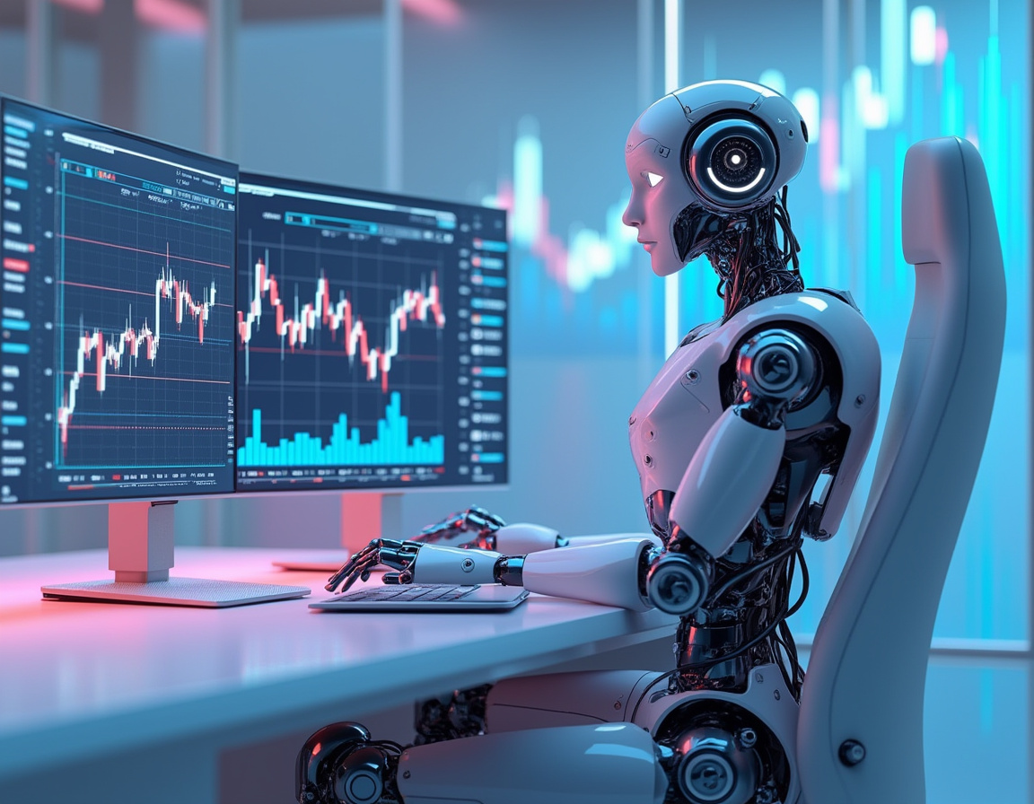 A humanoid AI trading bot at a high-tech workstation analyzing market data on multiple screens.