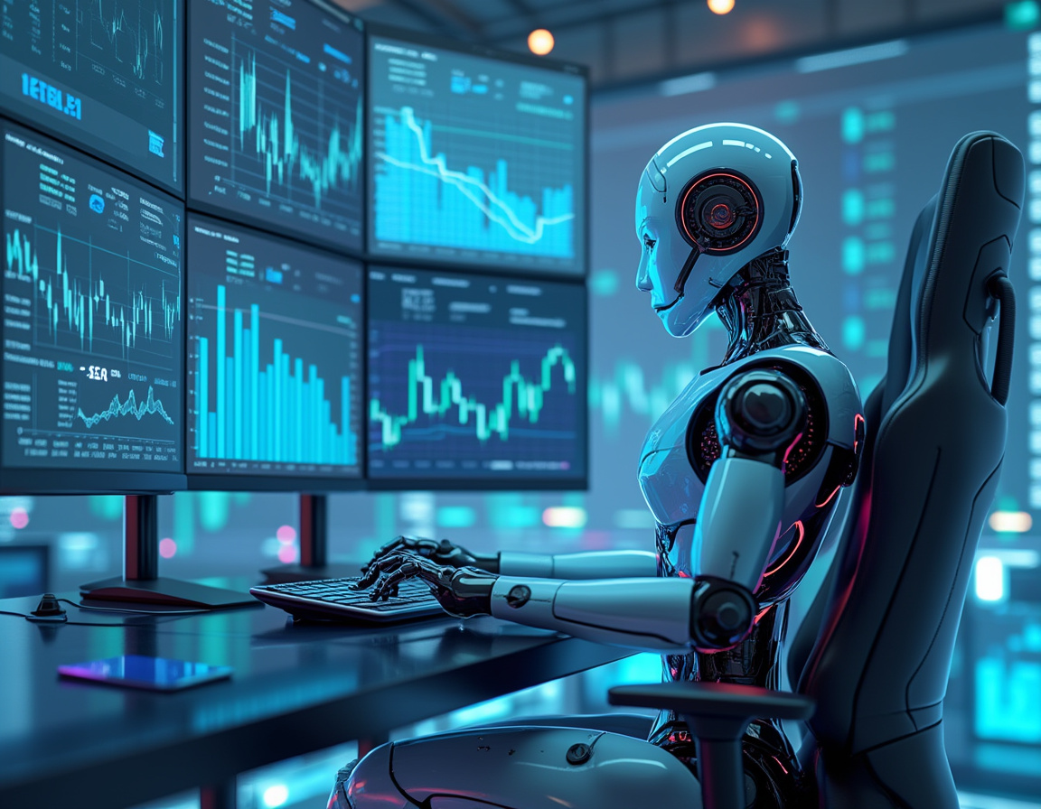 A hyper-realistic AI trading bot at a workstation, analyzing market data on multiple screens in 3D.