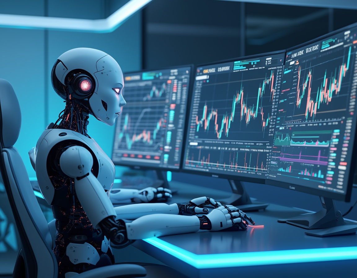 A humanoid AI trading bot at a high-tech workstation, analyzing market data on multiple screens.