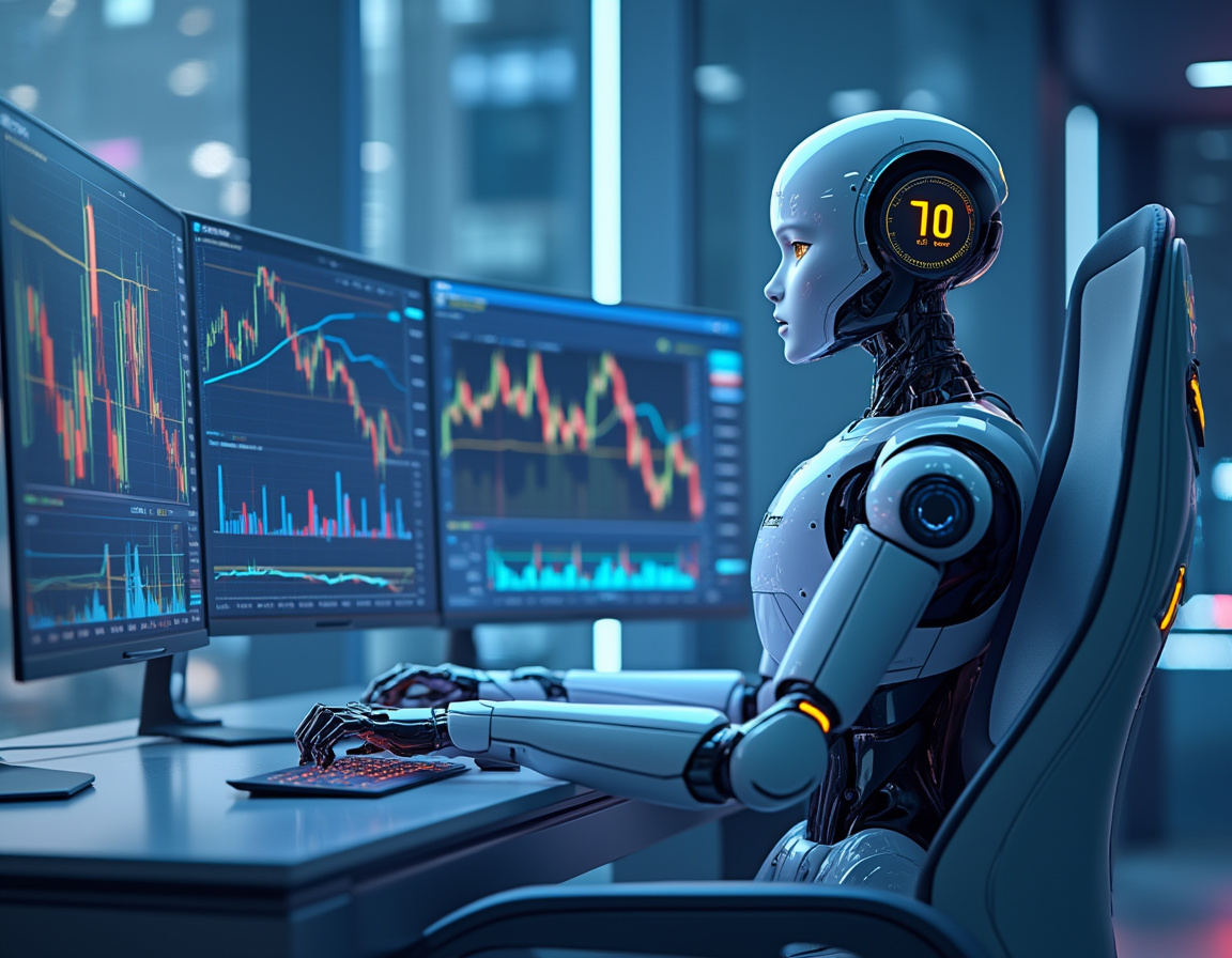 A humanoid AI trading bot in a high-tech workspace, analyzing market data on multiple screens.