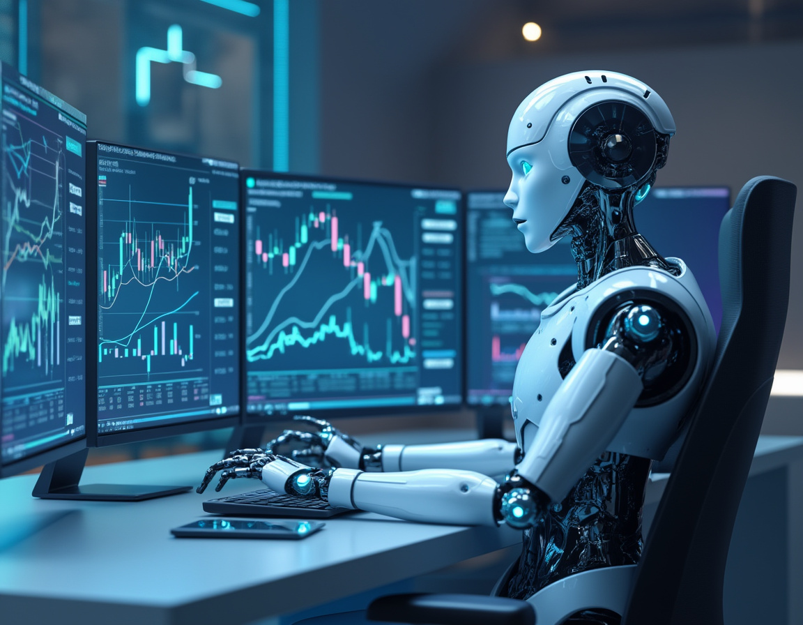 A hyper-realistic AI trading bot at a high-tech workstation analyzing stock and crypto market data.