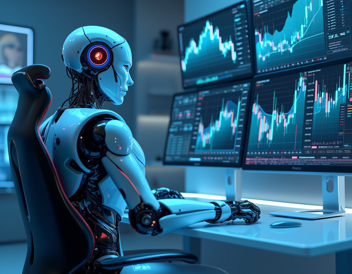 A hyper-realistic AI trading bot at a workstation analyzing market data on multiple glowing screens.