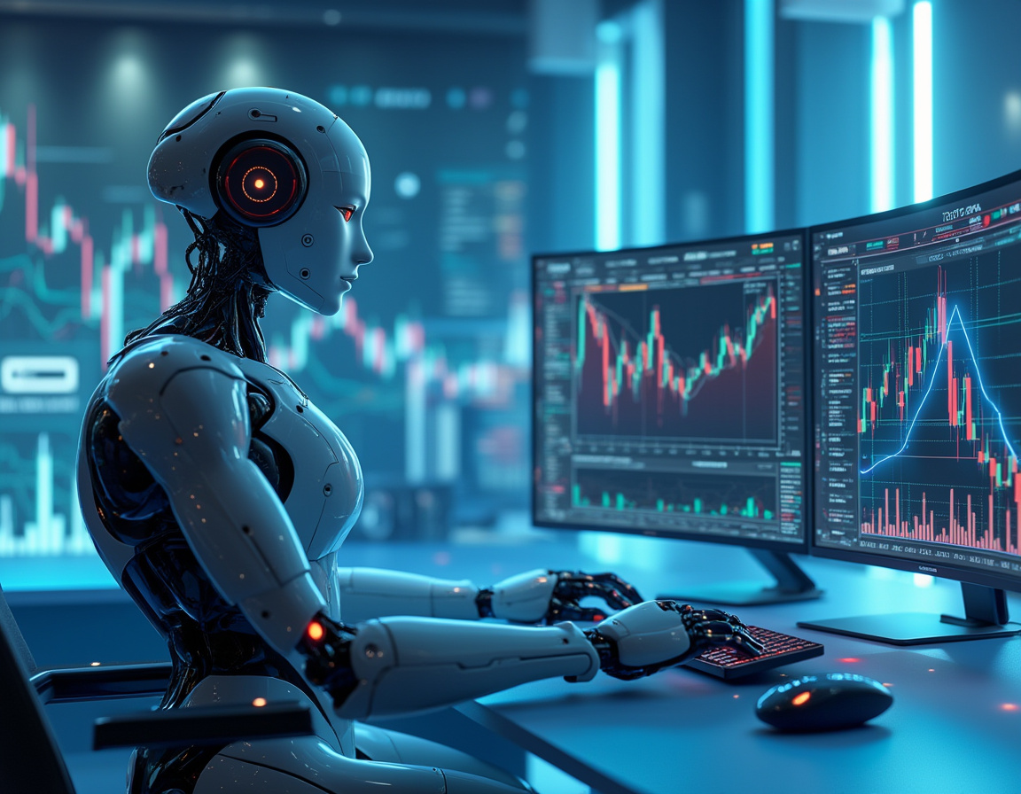 A humanoid AI trading bot at a high-tech workstation analyzing market data on multiple screens.
