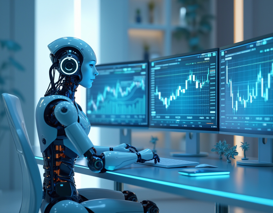 A humanoid AI trading bot analyzes market data at a futuristic workstation with glowing screens.