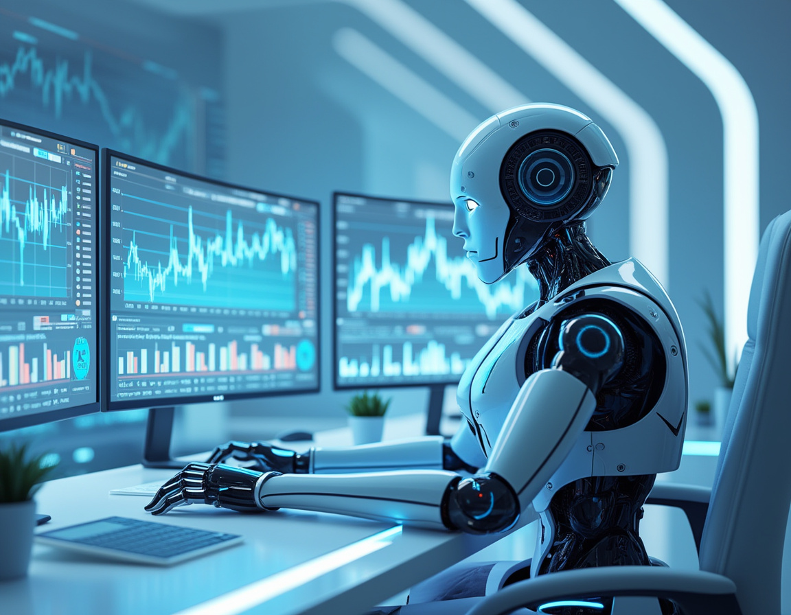 A hyper-realistic AI trading bot at a workstation, analyzing market data on multiple screens.