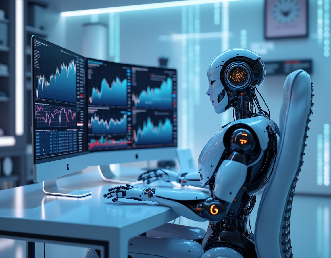 A humanoid AI trading bot analyzes market data at a high-tech workstation with multiple monitors.