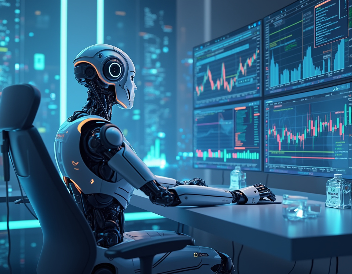 A humanoid AI trading bot at a high-tech workstation analyzes market data on multiple screens.