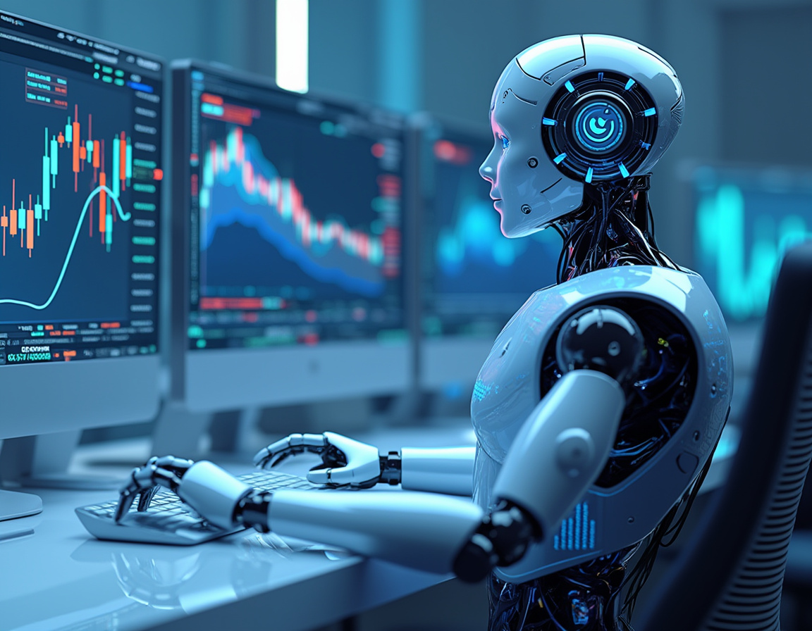 A humanoid AI trading bot with multiple screens analyzes market data in a futuristic setting.