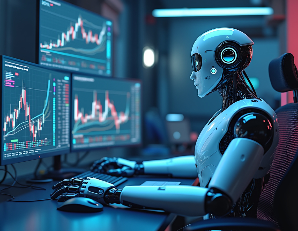 A hyper-realistic AI trading bot with multiple screens in a futuristic financial environment.