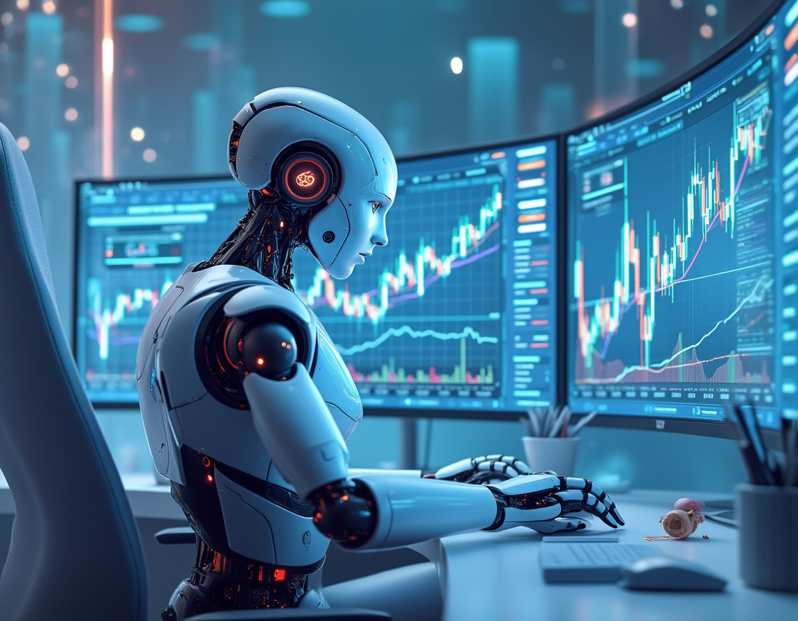 A humanoid AI trading bot analyzes market data at a high-tech workstation with multiple screens.